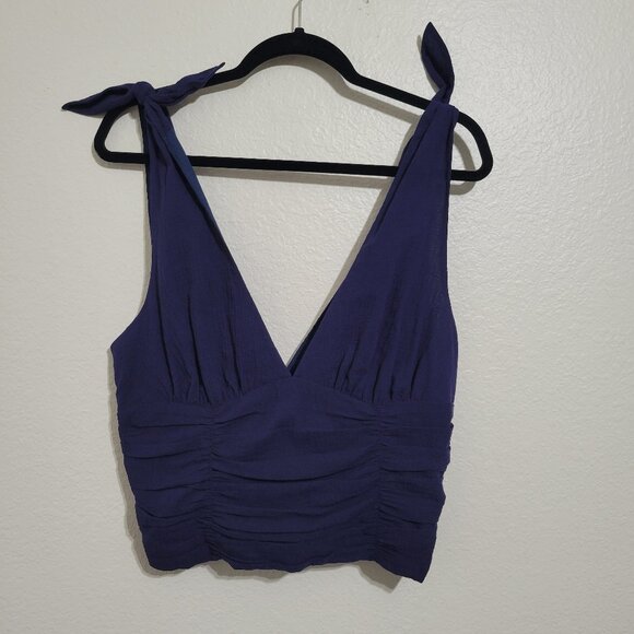 NWT Modcloth Gathered Ruched Crop Top Tie Shoulder Straps Navy Blue Large - Picture 1 of 7